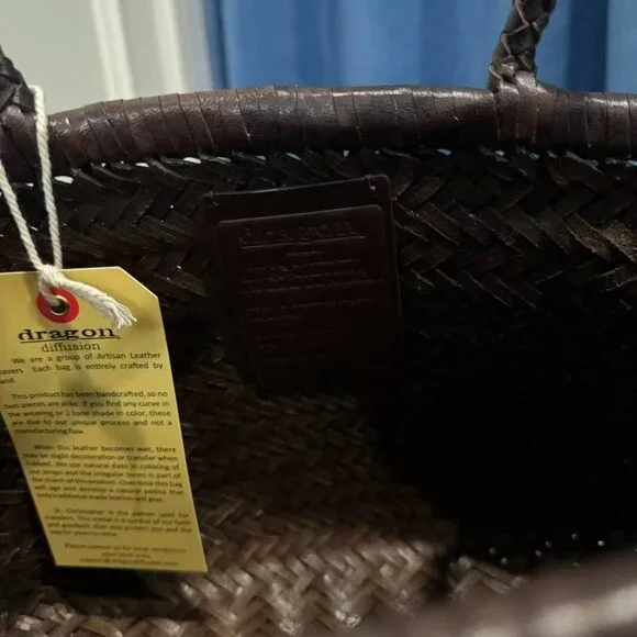 Dragon Diffusion Triple Jump Small Woven Leather Tote Dark Brown Basket Bag - Picture 6 of 11